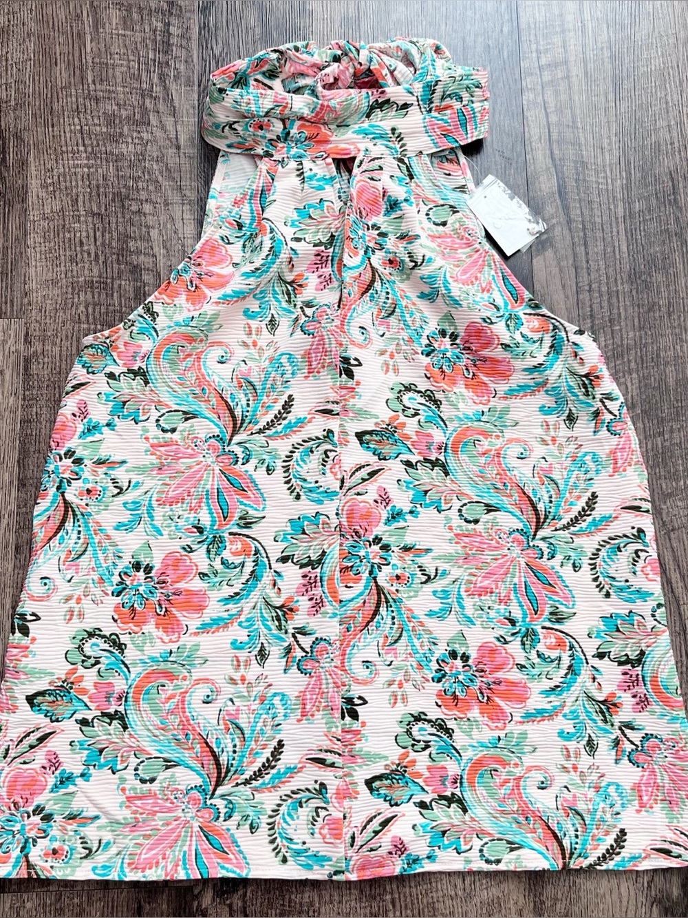 Cato NWT Floral High-Neck Sleeveless Tie Neck Top in Coral & Teal Size Medium